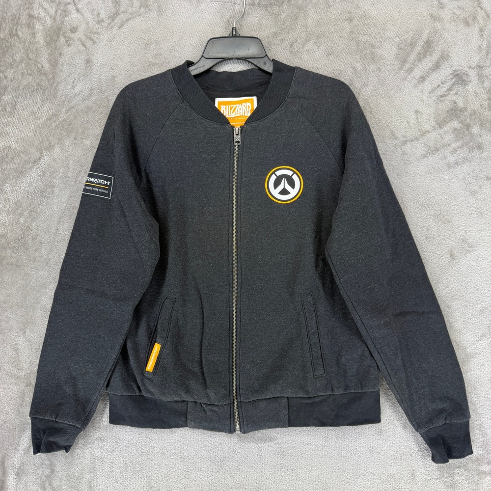 Blizzard Overwatch Bomber Jacket Mens Medium Gray Full Zip Sweatshirt Logo 24555